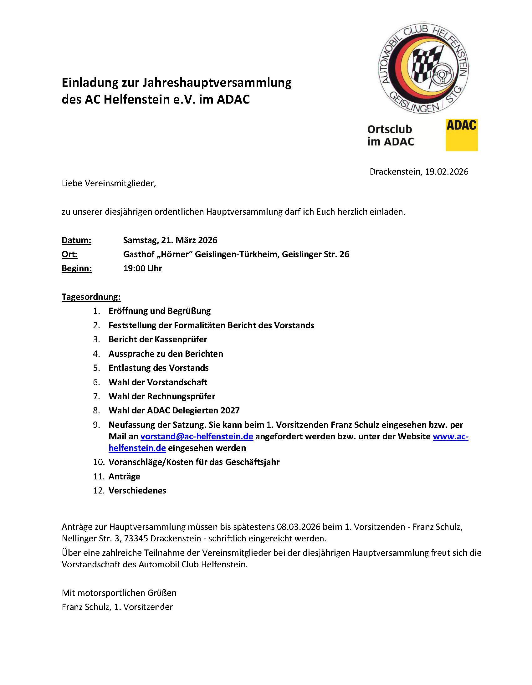 Einladung Jahreshauptversammlung